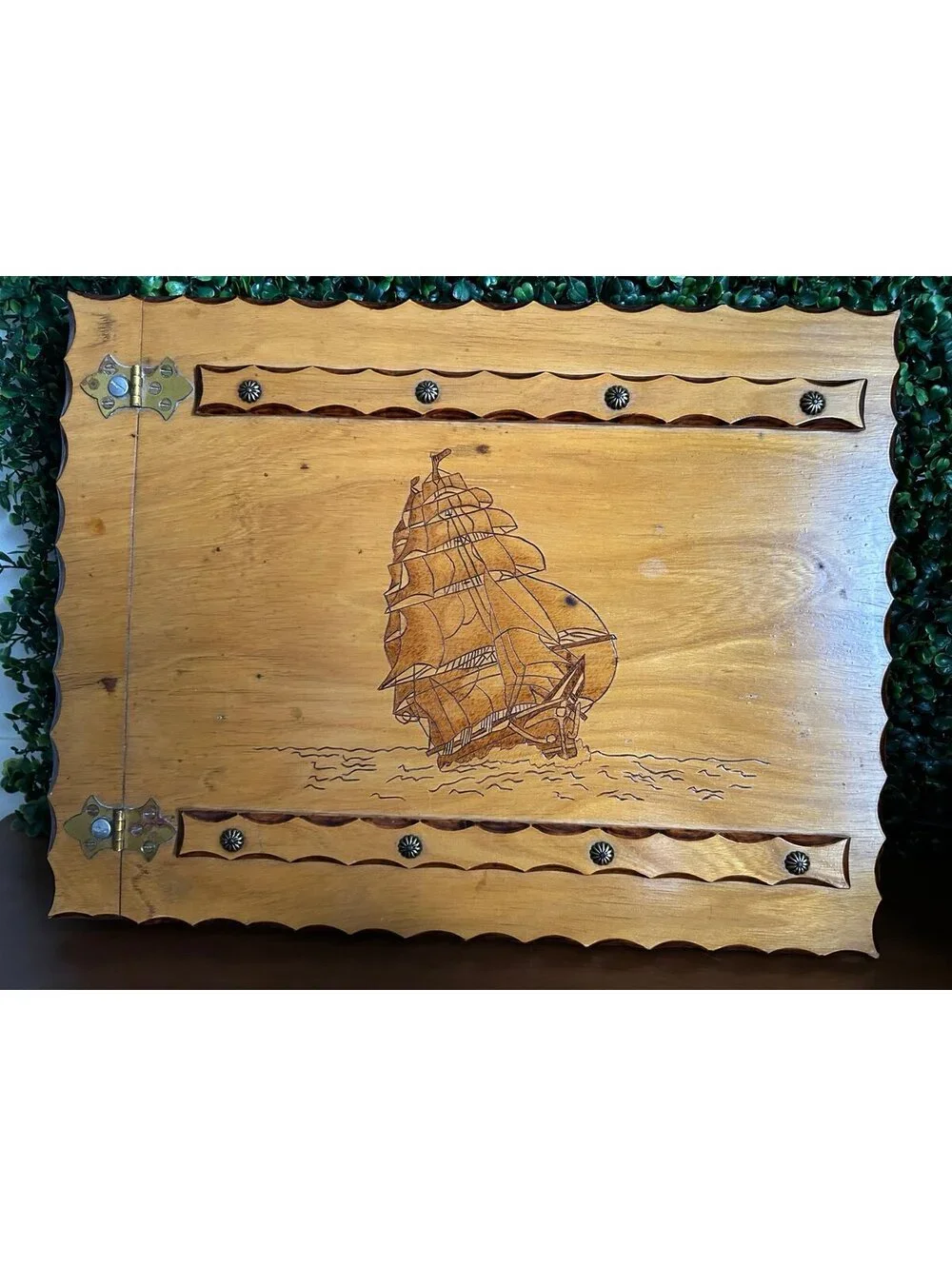 Vintage Wood Pyrography Sailing Ship Scrapbook Photo Album Nautical Folk Art